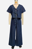 Tie-Front Denim Wide-Leg Pants Set