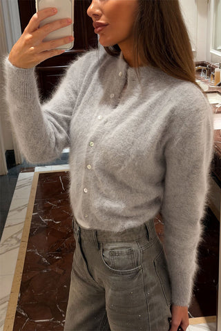 Mock Neck Button-Front Fuzzy Knit Cardigan