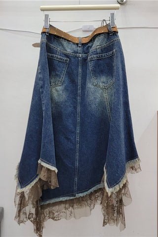 Lace Trim Asymmetrical Denim Skirt