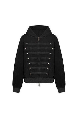 Military Button Hooded Zip-Up Sweatshirt