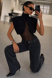 Mock Neck Cape Overlay Sheer Bodysuit