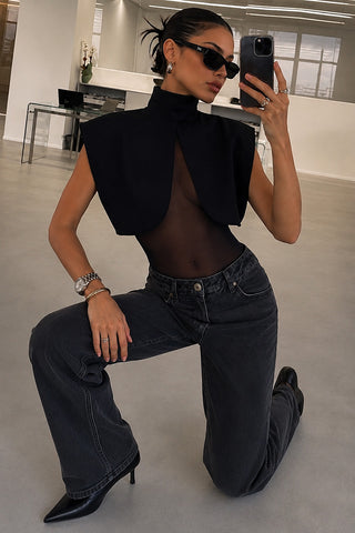 Mock Neck Cape Overlay Sheer Bodysuit