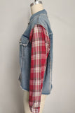 Plaid Sleeve Frayed Denim Jacket