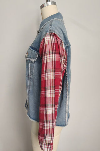 Plaid Sleeve Frayed Denim Jacket