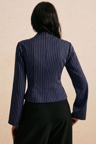 Striped Mock Neck Belted Blouse