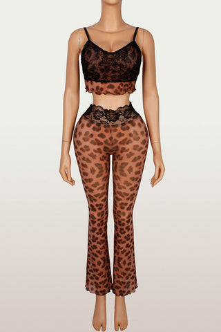 Sheer Lace Trim Animal Print Pants Set