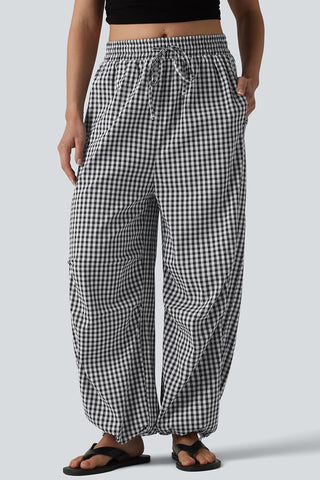 Plaid Drawstring Wide-Leg Casual Pants