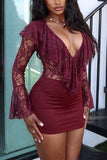 Sheer Lace Ruffle V-Neck Mini Dress