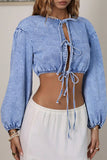 Lace-Up Puff Sleeve Denim Jacket