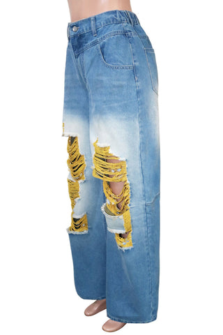 Distressed High-Waist Wide Leg Jeans