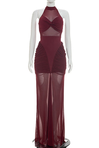 Sheer Bodice Ruched Mermaid Dress