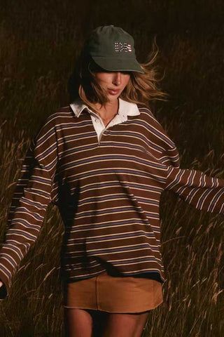 Striped Long Sleeve Polo Top