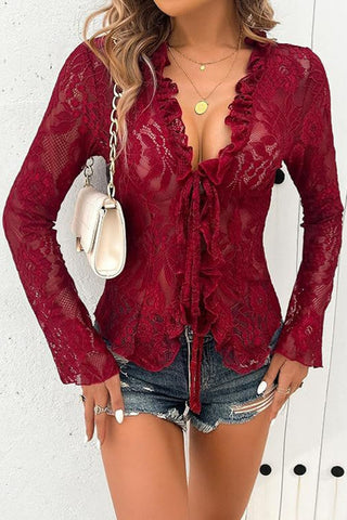 Sheer Floral Lace Ruffle V-Neck Blouse