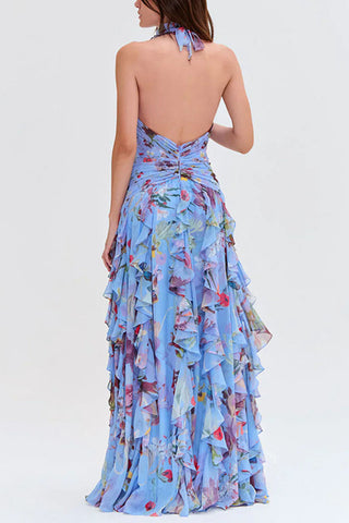 Floral Halter Ruched Ruffle Maxi Dress