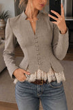 Collarless Button-Front Lace Trim Jacket