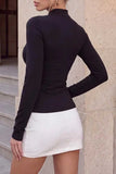 Mock Neck Keyhole Button-Front Blouse