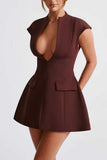 Deep V-Neck Cap Sleeve Flare Mini Dress