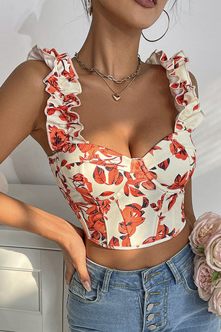 Ruffle Strap Floral Corset Tank Top