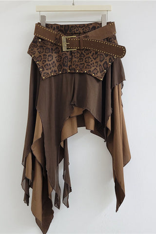 Studded Belt Asymmetrical Ruffle Midi Skirt