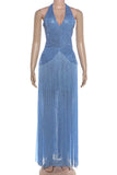 Sequin Halter Fringe Maxi Casual Dress