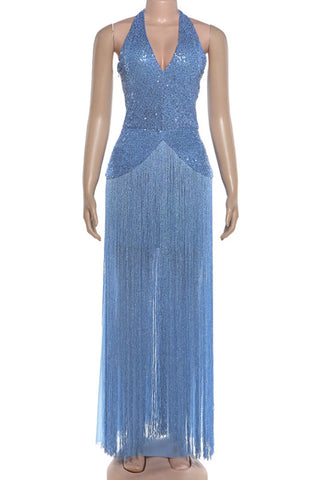 Sequin Halter Fringe Maxi Casual Dress