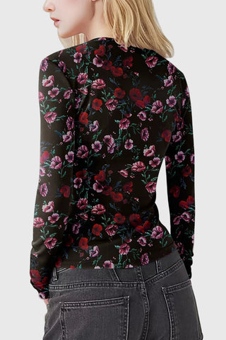 Sheer Floral Print Long Sleeve Blouse