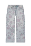 Floral Print Cuffed Wide Leg Jeans