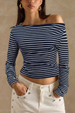 Striped One-Shoulder Ribbed Long Sleeve Top