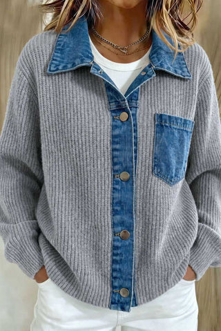 Denim Collar Ribbed Knit Button-Front Jacket