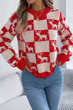 Reindeer Checkered Crew Neck Knit Sweater