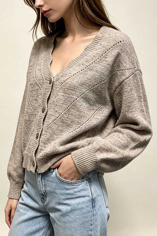 V-Neck Pointelle Knit Button-Front Cardigan