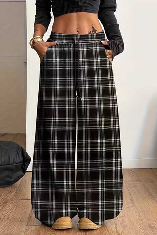 Plaid Drawstring Wide-Leg Casual Pants