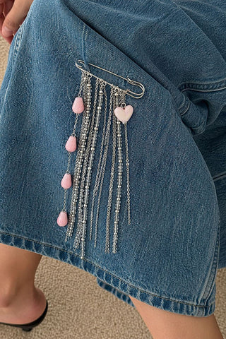Heart Charm Tassel Safety Pin Brooch