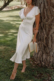 Lace Trim Flutter Sleeve V-Neck Midi Dress