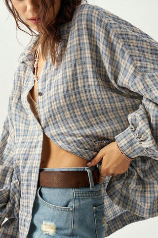 Plaid Smocked Pocket Long Sleeve Shirt