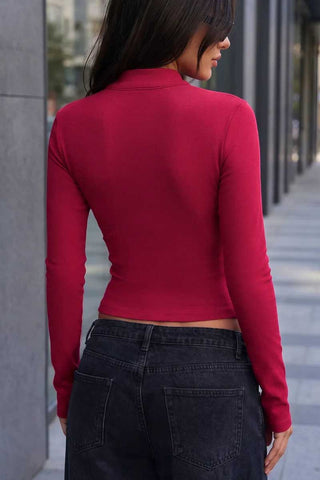 Mock Neck Keyhole Button-Front Blouse