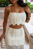 Ruched Scallop Crop Top and Fringe Maxi Skirt Set