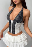 Plaid Halter Lace Corset Tank Top