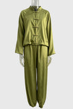Tie Closure Stand Collar Wide Leg Pants Set