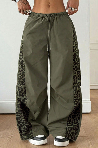 Leopard Side Panel Drawstring Wide-Leg Pants