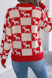 Reindeer Checkered Crew Neck Knit Sweater
