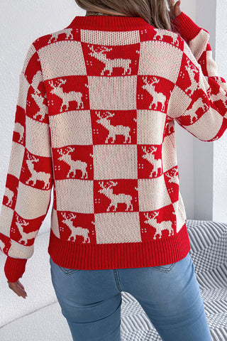 Reindeer Checkered Crew Neck Knit Sweater