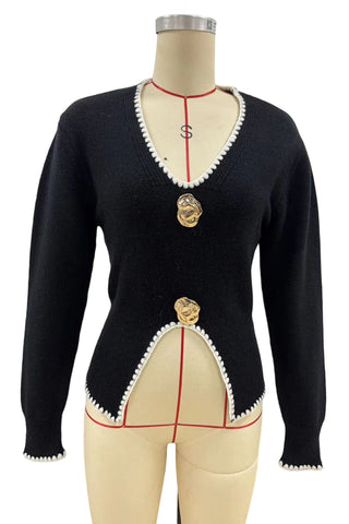 Contrast Trim V-Neck Button Sweater