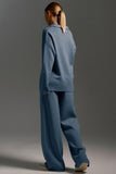 Knit Collared Top and Wide-Leg Pants Set