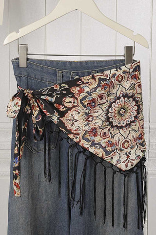 Patchwork Fringe Tie Waist Wrap Skirt