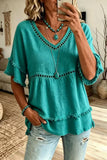 Hollow V-Neck Fringe Flutter Sleeve Top