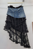 Belted Denim Skirt with Lace Overlay