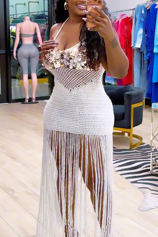 Sequin Halter Fringe Bodycon Vacation Dress