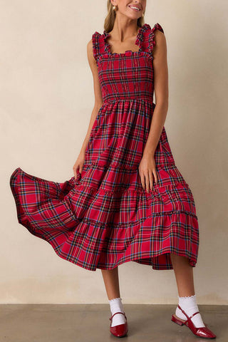 Plaid Ruffle Square Neck Midi Dress