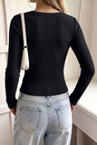 Ribbed Lace Trim Button-Front Long Sleeve Top